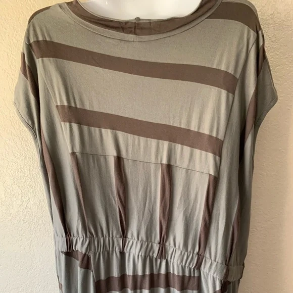 LUNN Lagenlook Gray Stripe Asymmetrical Waist Cap Sleeve Midi Dress Size 4 - Picture 5 of 7